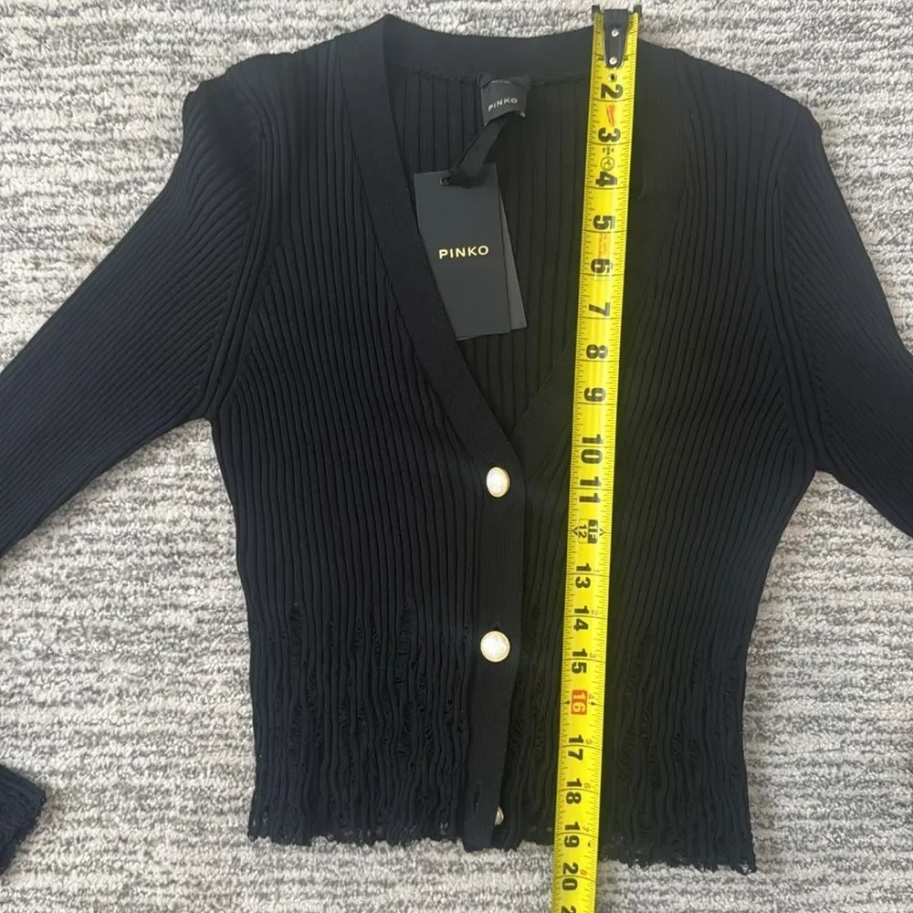 NWT Pinko Pallamano Cardigan Black with Pearl Button Distressed Cropped Large_7